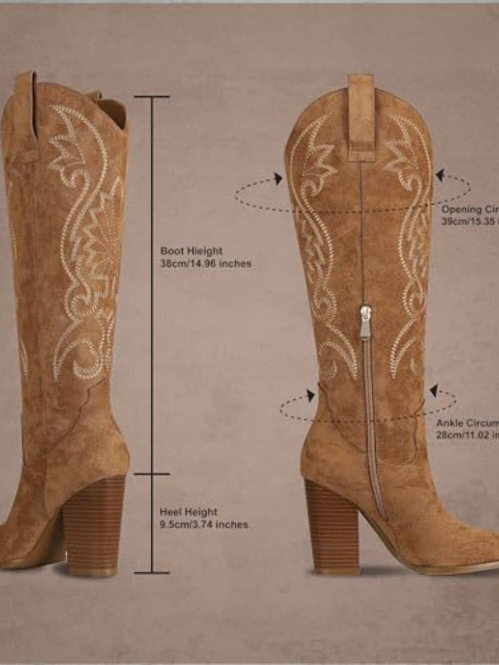 ๐ Knee High Cowboy Boots for Women Pointed Toe Chunky High Heels Pull-on - Picture 5 of 6